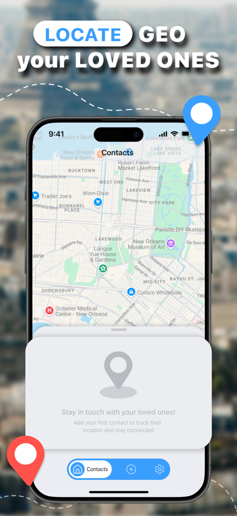 Interfaz de la aplicación Encuentra a mi Familia mostrando un mapa en tiempo real para rastrear a los miembros de la familia