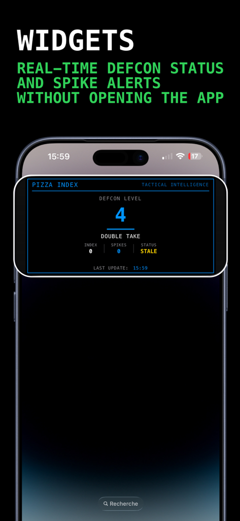 L'écran d'accueil de l'iPhone affichant le widget de renseignements tactiques Pizza Index montrant un statut de niveau DEFCON 4.