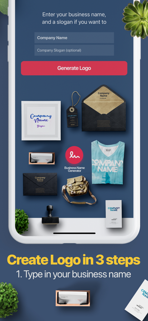 AI Logo Maker & Name Generator - Interface of the AI Logo Maker app showing a business name input field and branding mockups on various products.