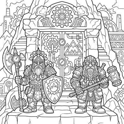 Journey into a fantastical realm where mighty Dwarf Guardians protect their mountain strongholds, enhanced by ingenious steampunk technology. This detailed coloring page invites you to bring their mechanical world to life with your unique palette.