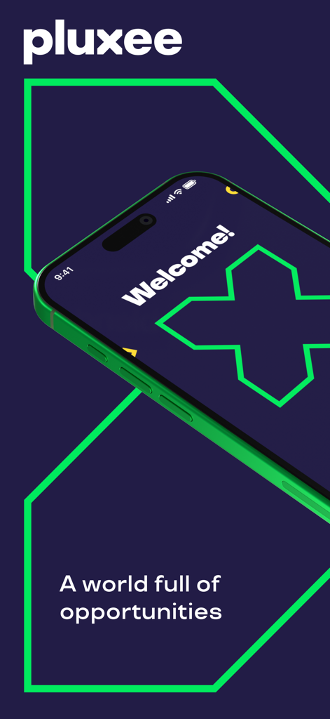 Pluxee - Pluxeeモバイルアプリのウェルカム画面。ブランディングとスローガンが表示されています。