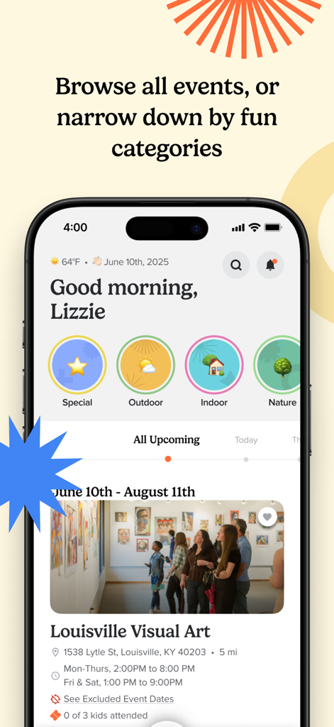 Cultural Pass app interface displaying event categories and a featured art event