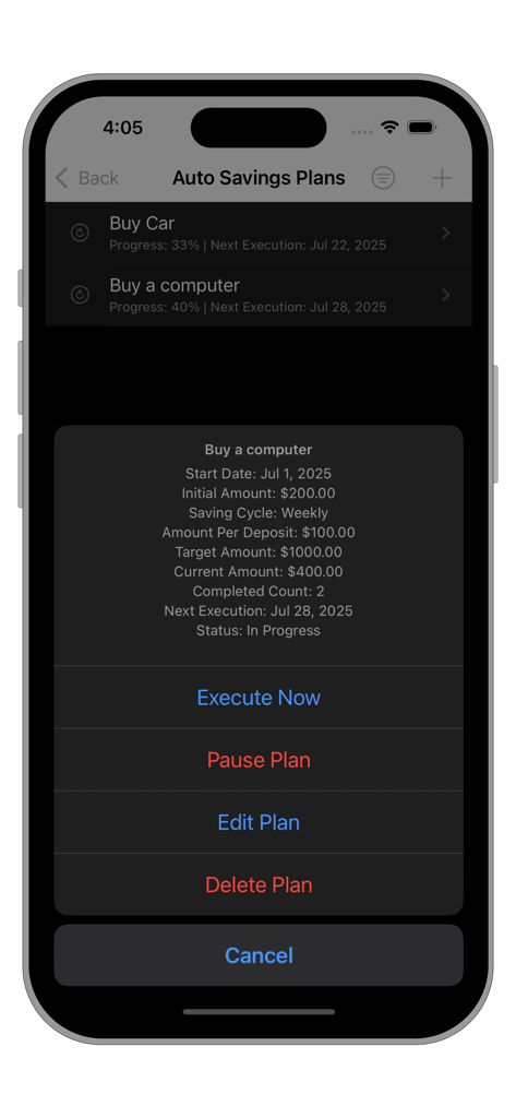 A mobile interface for the 365-day savings plan app showing the details of an automatic savings goal for a computer including target amount and progress.