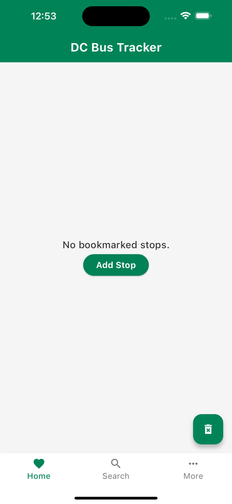 Home screen of the DC Bus Tracker app with a button to add bus stops.