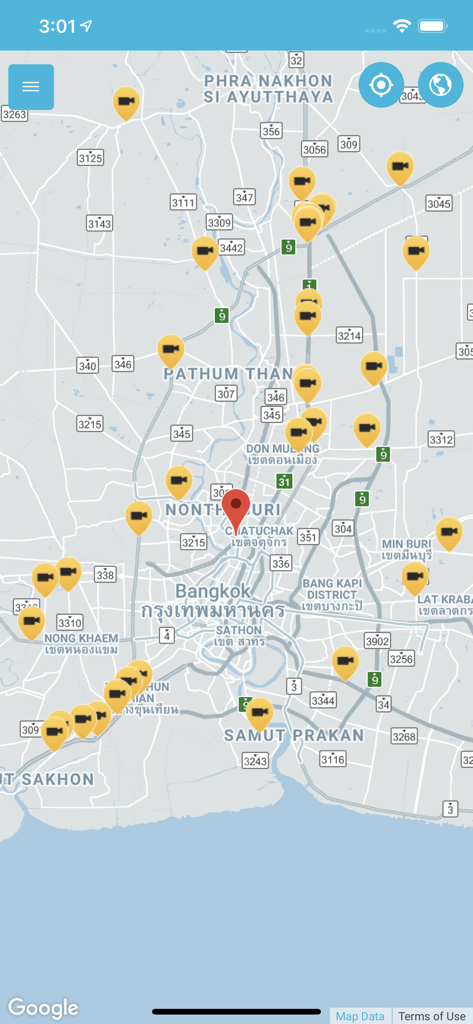 Highway Traffic - A map of Bangkok showing numerous yellow icons representing real-time traffic cameras on major highways.