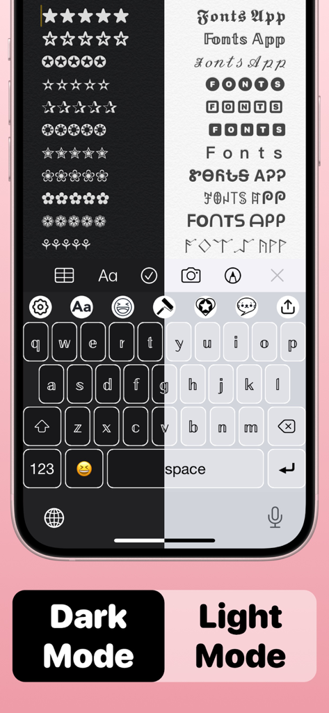Fonts App - Cool Font Keyboard - Split screen showing Fonts App keyboard in dark and light modes with different aesthetic fonts and symbols