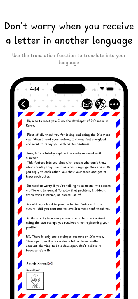 Its meee diary app letter translation feature interface