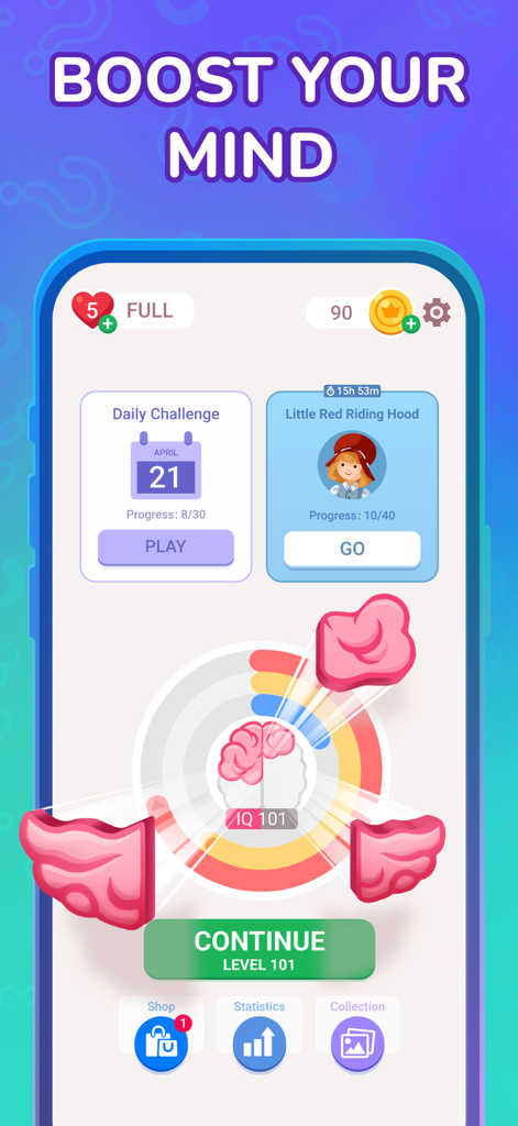 Worder: Logic Word Search Game - Worder app main screen showing daily challenges and brain IQ progress tracker