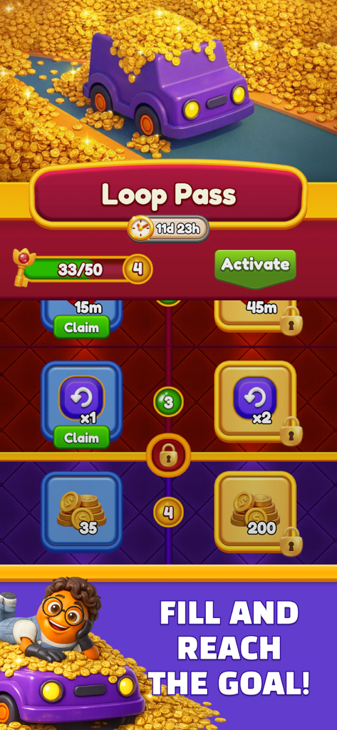 Loop Sort - The Loop Pass rewards screen in the Loop Sort game showing coins and prize tiers