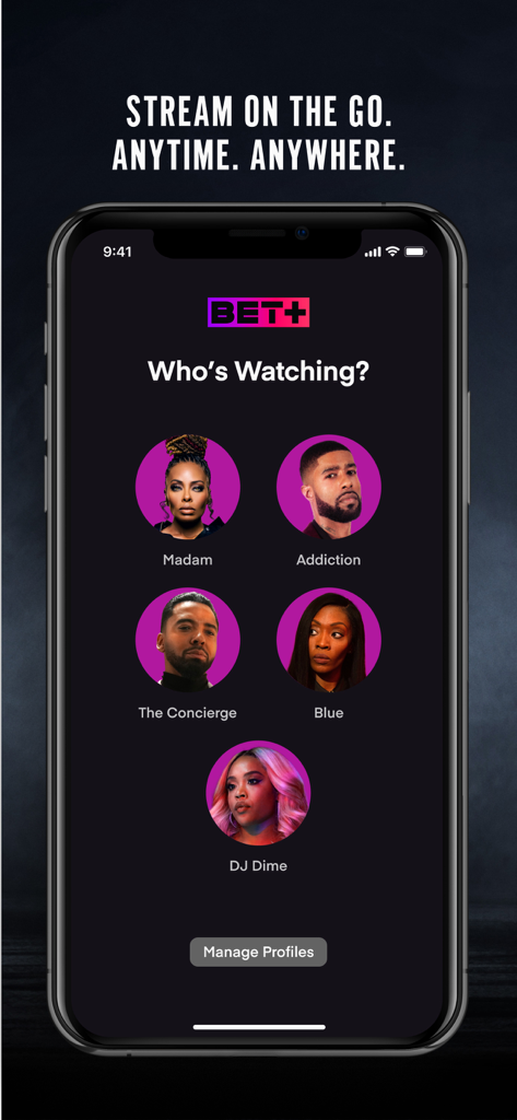 Interface de l'application BET plus montrant l'écran Qui regarde avec cinq profils d'utilisateurs différents