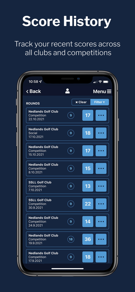 MiScore app interface showing a detailed history of golf competition scores and round dates
