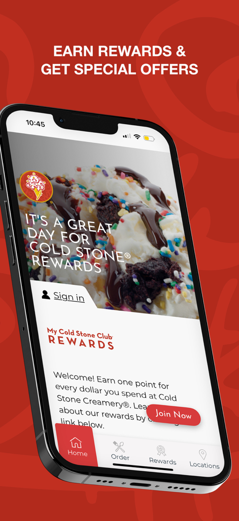 Cold Stone - Écran My Cold Stone Club Rewards sur l'application mobile présentant des informations sur les points de fidélité et une gourmandise glacée