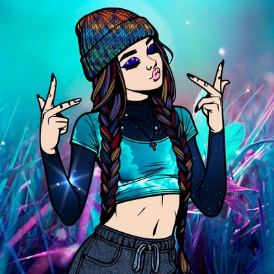 realistic teenage girl with braids and a beanie and crop top doing 🫶🏼