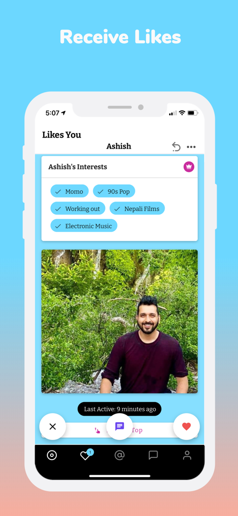 Mooche - Modern Nepali Dating - Mooche dating app screen showing a user profile named Ashish with interests like Momo and Nepali Films under the Likes You section.