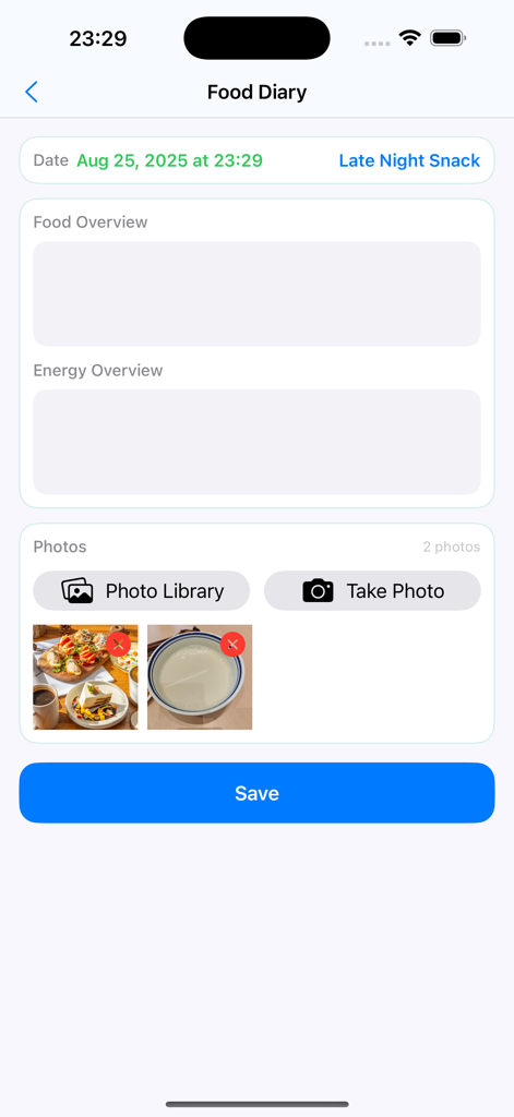 16:8 Fasting & Weight Tracker - Interface of the Food Diary feature in the xWeight app showing a late night snack entry with meal photos.