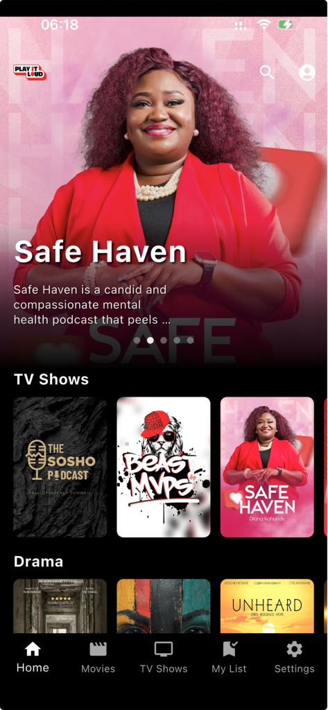 Play It Loud app home screen displaying featured programs and TV show categories