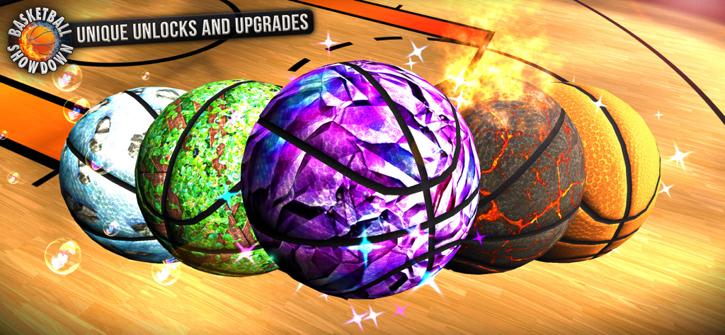 Basketball Showdown - A lineup of unique unlockable basketball skins in Basketball Showdown featuring ice, nature, crystal, and lava designs.