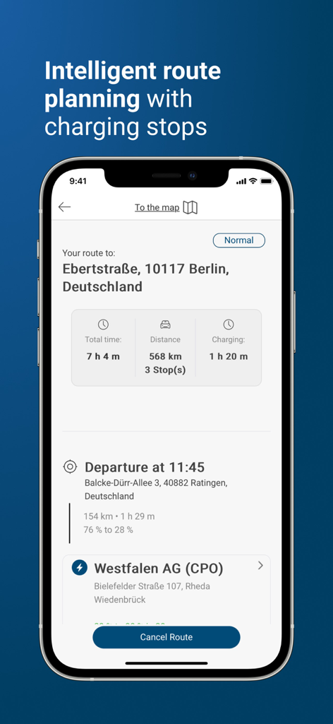 DKV Mobility - Interface de l'application DKV Mobility affichant un itinéraire planifié pour un véhicule électrique avec des arrêts aux bornes de recharge