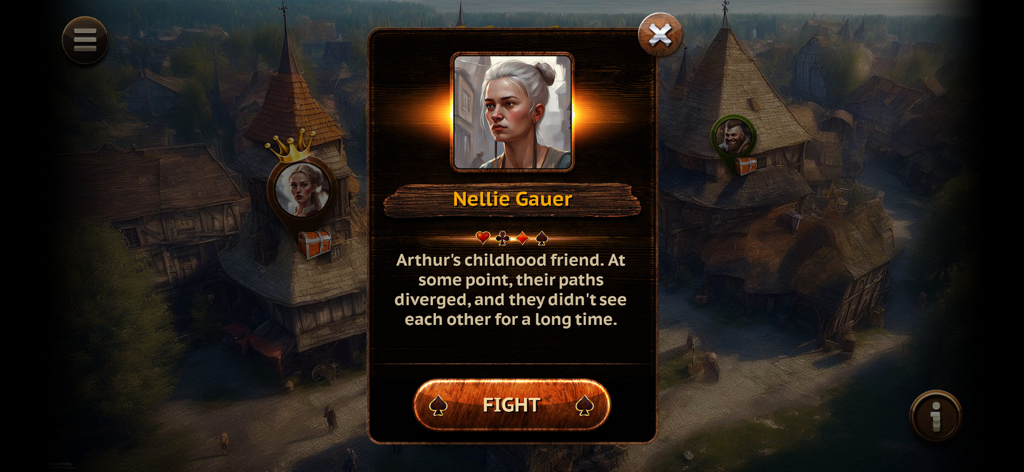 Hearts HD: Classic Card Game - Perfil del personaje Nellie Gauer con biografía y botón de lucha en Hearts HD