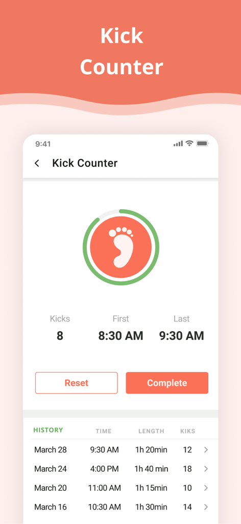 Pregnancy App. - Interfaccia del contatore dei movimenti fetali dell'App Gravidanza che mostra il conteggio attuale e la cronologia dei movimenti.