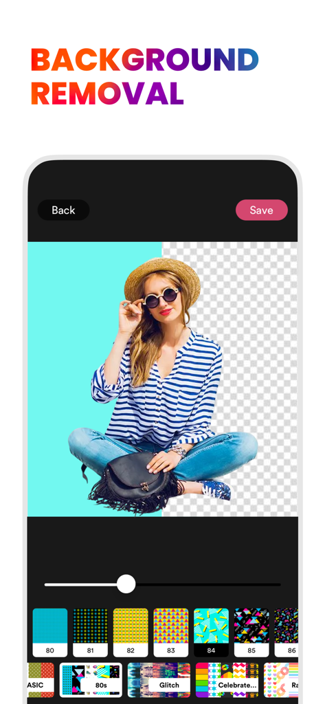 Square Fit: Photo Video Editor - Background removal feature in the Square Fit app showing a woman with customizable pattern backgrounds