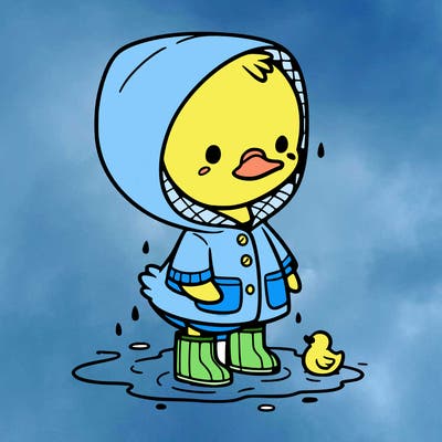 baby duck in a rain coat and boots, in a puddle while it’s raining