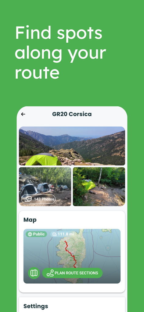 Mobile app screen showing a hiking trail map and photos of tent camping spots along the route.
