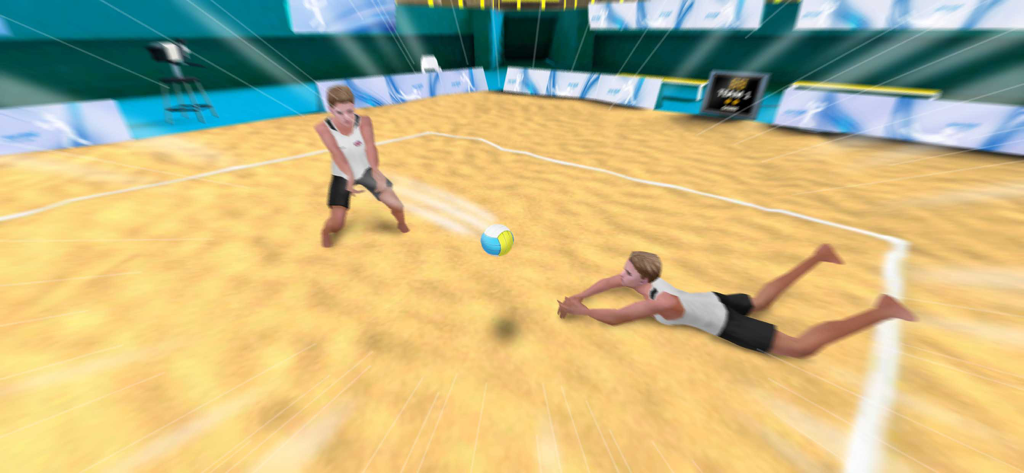 Real Volleyball Champions 3D - Two players competing on a beach volleyball court in a 3D sports simulation game.