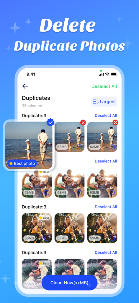 Captura de pantalla de la aplicación Amor Cleaner mostrando la función de limpieza de fotos duplicadas con IA sugiriendo la mejor foto para conservar.