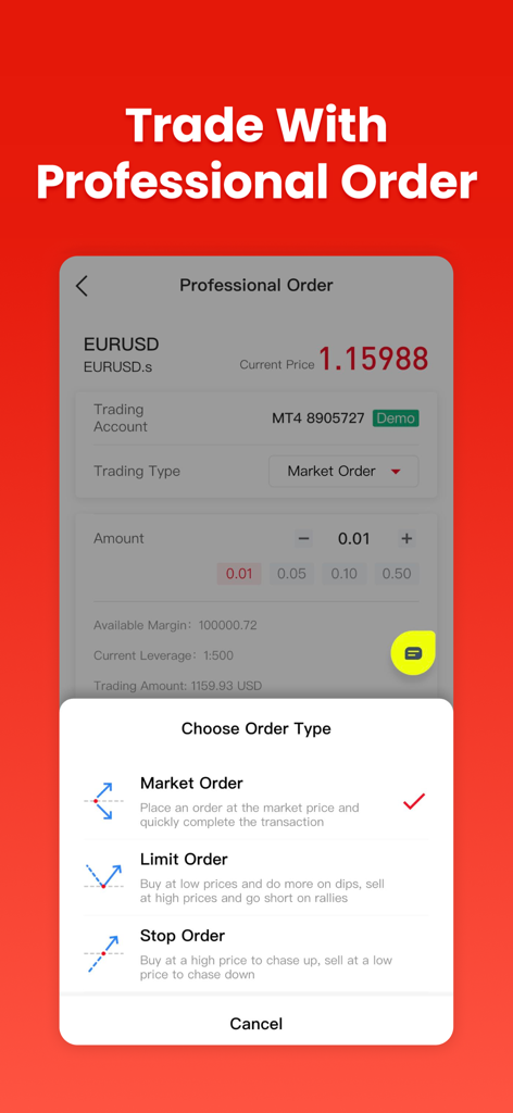 D Prime: Online Forex Trading - D Prime mobile app interface showing professional order options including market limit and stop orders for forex trading