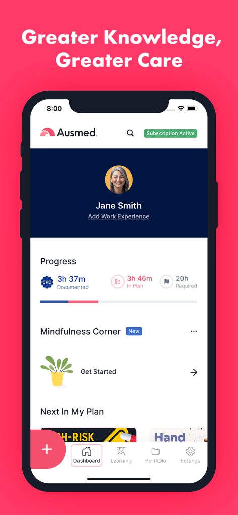 Panel de control de la aplicación Ausmed que muestra el progreso de un profesional de la salud hacia los requisitos de educación continua y recursos de mindfulness