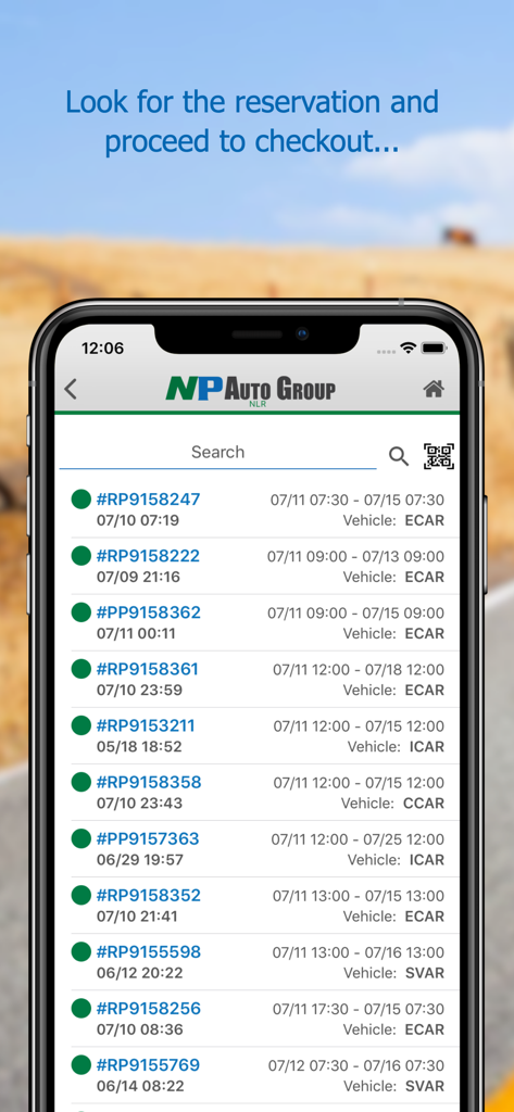 ASAP Rent - ASAP Rent app reservation list showing booking numbers and vehicle categories