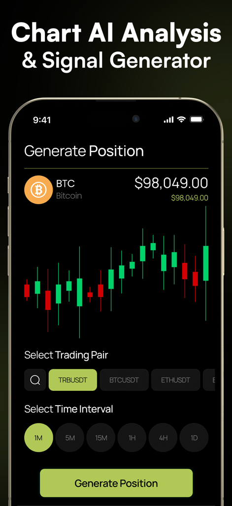 TradeGPT: Ai Trading Assistant - TradeGPT app screen showing a Bitcoin candlestick chart and options to generate a trading position