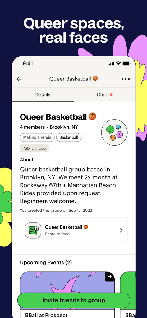 Lex: Queer Social LGBT Friends - Interface of the Lex app displaying a community group page for Queer Basketball in Brooklyn with group details and events