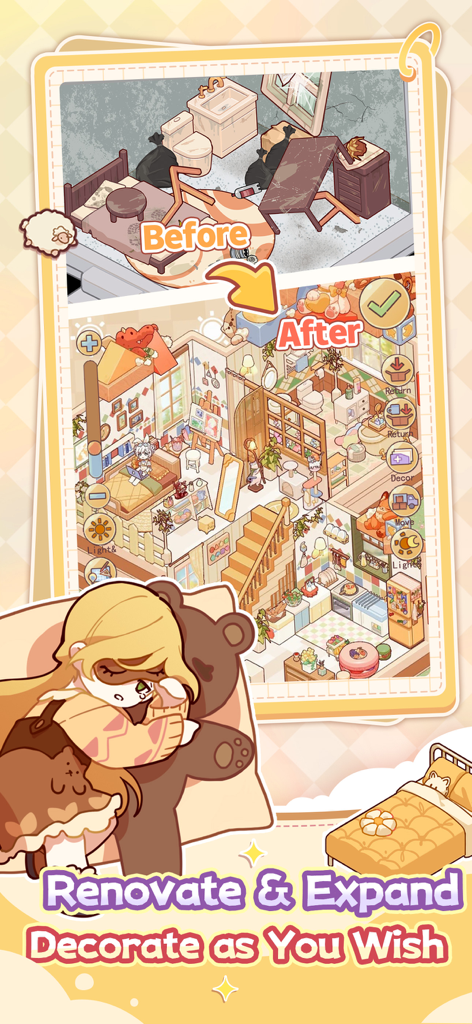 My Leisure Time - Comparación de antes y después que muestra una habitación desordenada transformada en un hogar acogedor y bellamente decorado