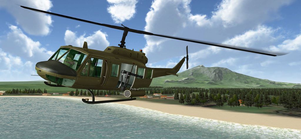 Air Cavalry - Flight Simulator - Um helicóptero militar Huey voando sobre uma paisagem costeira no simulador de voo Air Cavalry
