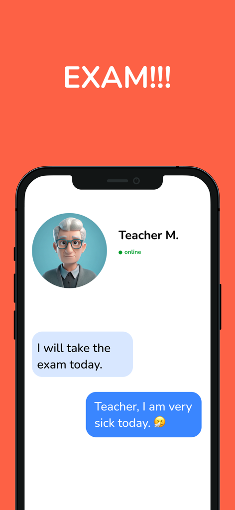 Una interfaz de chat del juego Chat Game - ¿Verdad o Mentira? mostrando a un estudiante poniendo una excusa a su profesor sobre un examen.