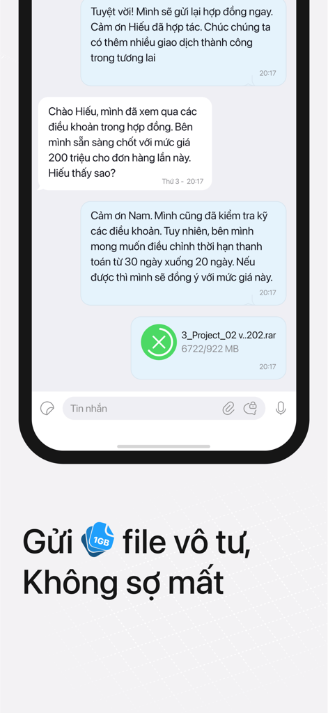 Lotus Chat mobile interface showing a business conversation in Vietnamese with a large file attachment