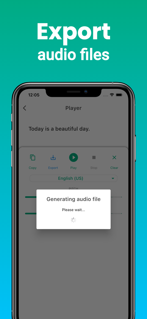 Speech Helper - Spoken Text - Speech Helper App-Bildschirm zeigt die Generierung von Audiodateien zum Exportieren