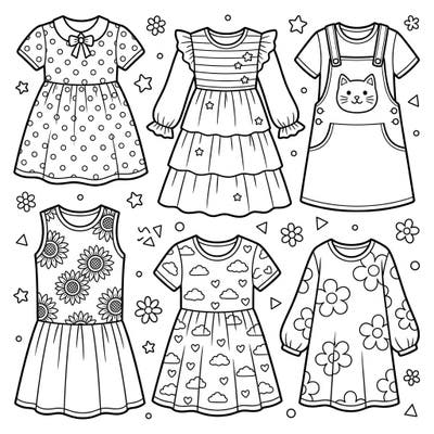 Dive into a charming collection of casual dresses, specially designed for young fashionistas to color. This page offers a variety of styles and playful patterns, perfect for inspiring creativity in children aged 4-8.