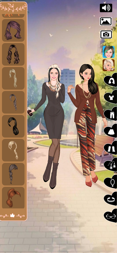 Autumn fashion dress up game - Dos personajes con conjuntos otoñales chic de pie en un parque de la ciudad en un juego de vestir a la moda.
