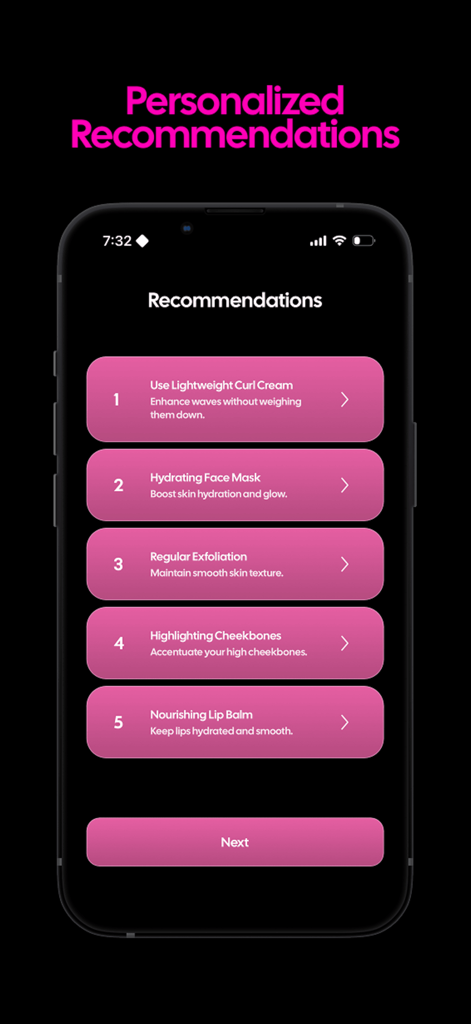 Gleam AI - Glow Up App - Elenco di raccomandazioni personalizzate di bellezza e cura della pelle nell'app Gleam AI