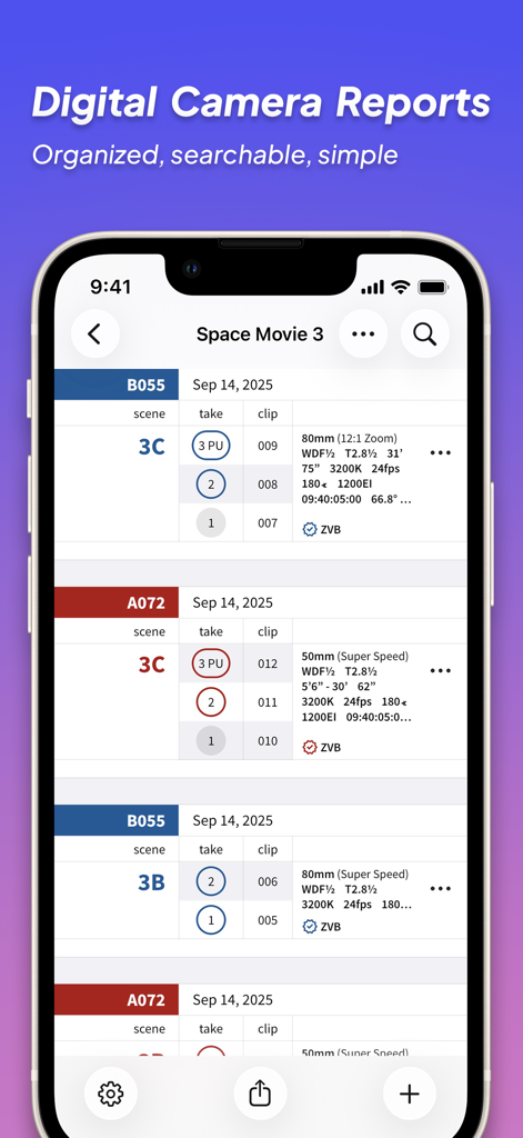 ZoeLog app interface displaying a digital camera report with scene and take details for a film production