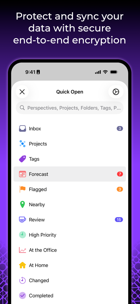 Interface do OmniFocus 4 no iPhone exibindo o menu Abertura Rápida e uma mensagem sobre encriptação segura de ponta a ponta.