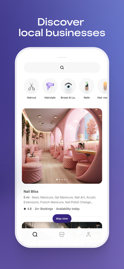 Square Go app screen showing local business categories and a featured nail salon profile