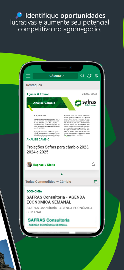 Plataforma Safras - Una pantalla de teléfono inteligente que muestra la aplicación Plataforma Safras con información del mercado agrícola y proyecciones de tipos de cambio.