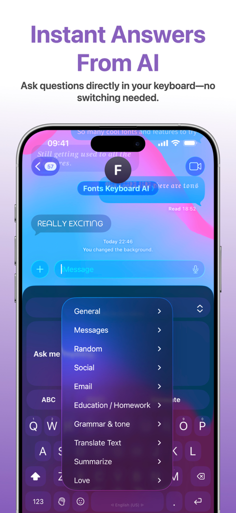 Fonts Keyboard AI - A smartphone showing the Fonts Keyboard AI integrated chat assistant menu with categories like grammar translation and summarization