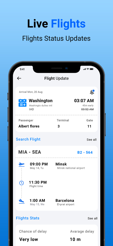 Air Traffic - flight tracker - Interfaz de la aplicación móvil que muestra actualizaciones de vuelos en vivo para Washington Dulles y estadísticas de retraso de vuelos