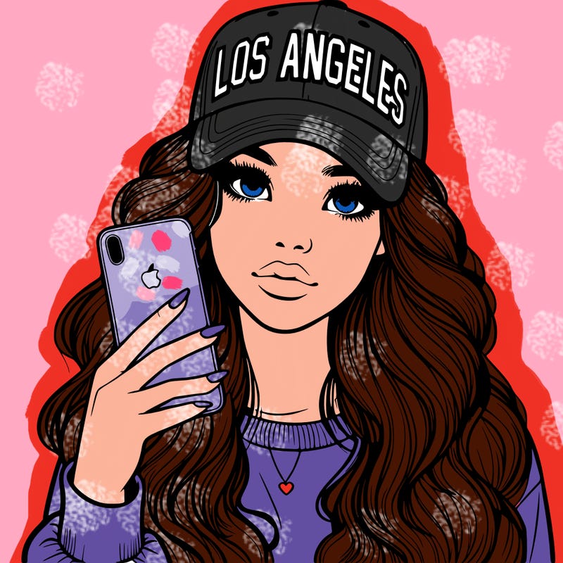 realistic beautiful girl wearing los ángeles cap holding an iphone