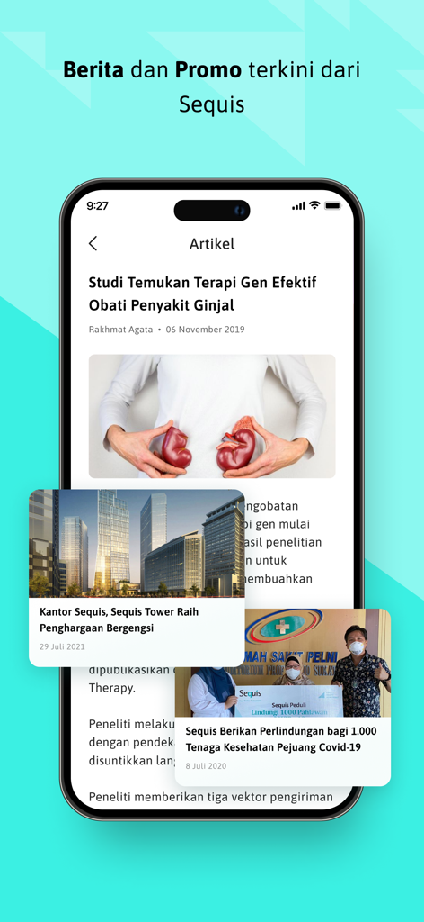 Sequis App - Sequis app interface displaying health articles and corporate news.